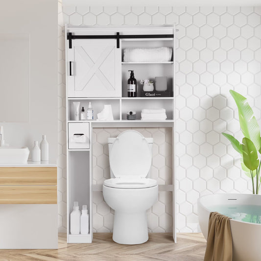 YISUFO Over The Toilet Storage Cabinet, Bathroom Organizer Shelf with 2 Barn Door & Toilet Paper Holder Stand, Space-Saving Toilet Rack