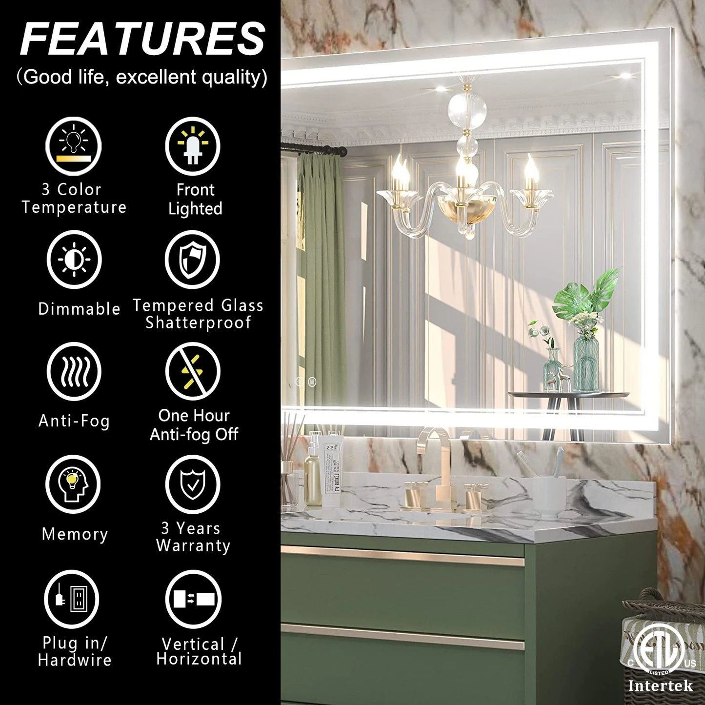 Frameless Frontlit LED Anti-fog Bathroom Vanity Mirror 96x36 inch