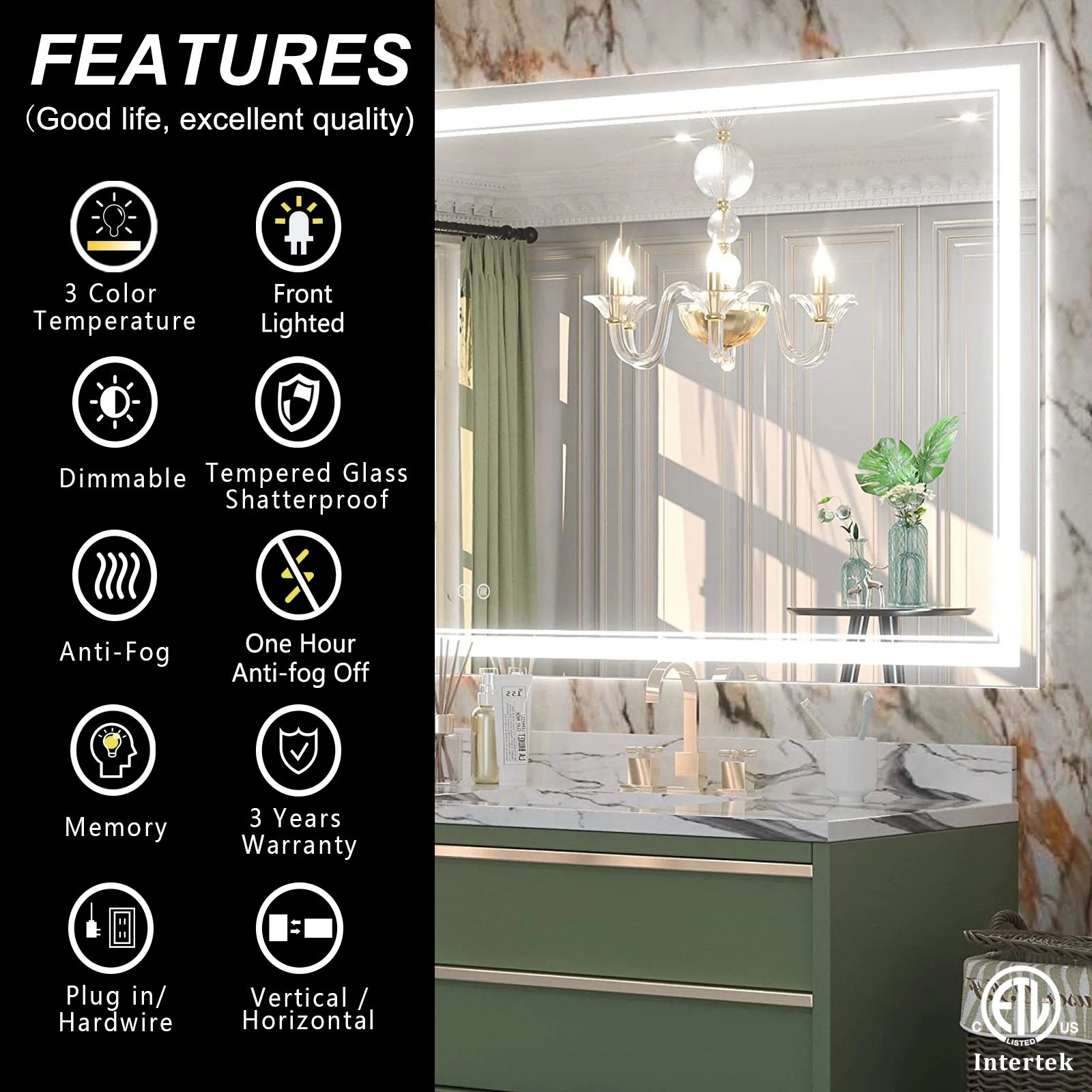 Frameless Frontlit LED Anti-fog Bathroom Vanity Mirror 96x36 inch