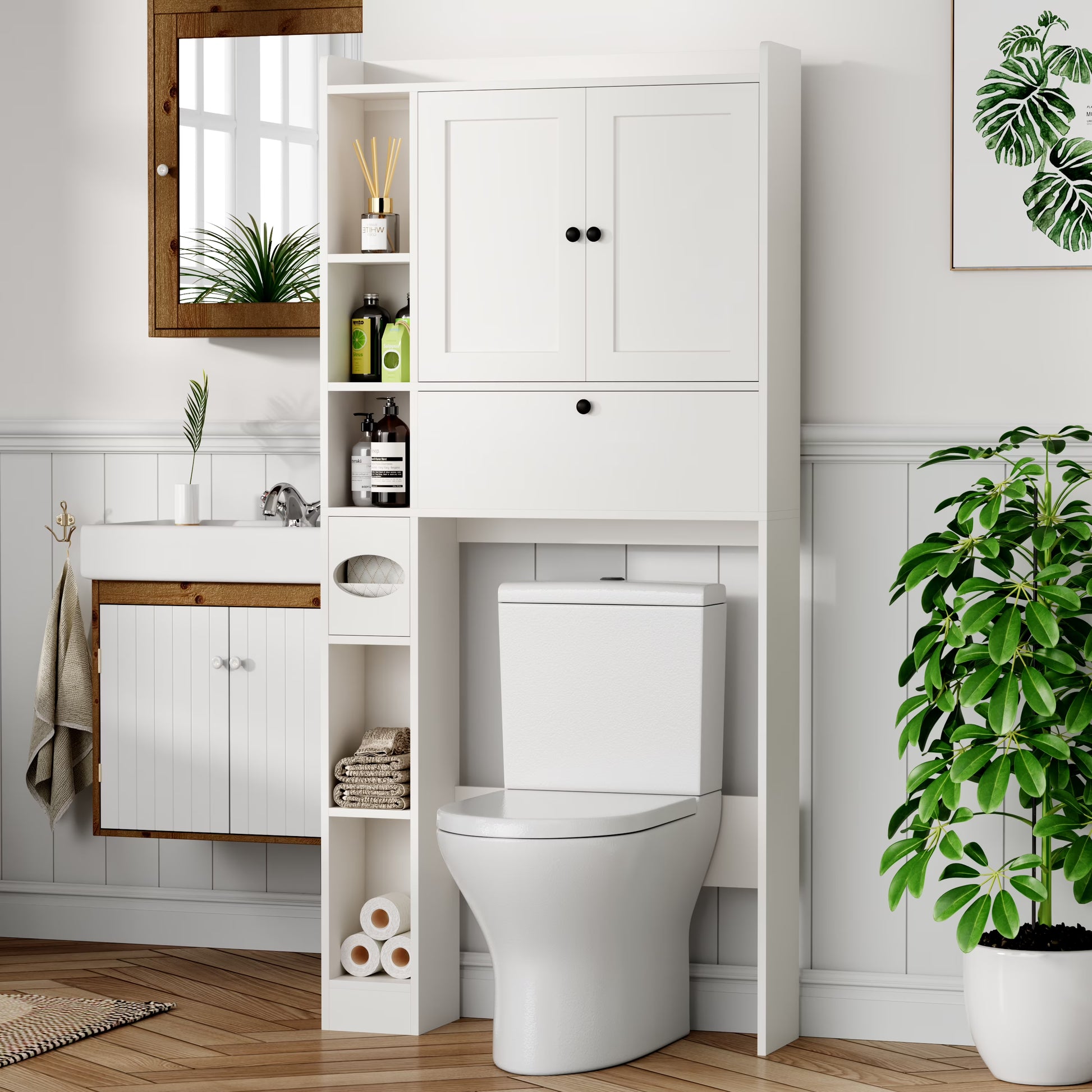 Apeaka Over The Toilet Storage Cabinet,Bathroom Storage Cabinet with Wooden Doors,Bathroom Organizer Over-The-Toilet Cabinet(White)
