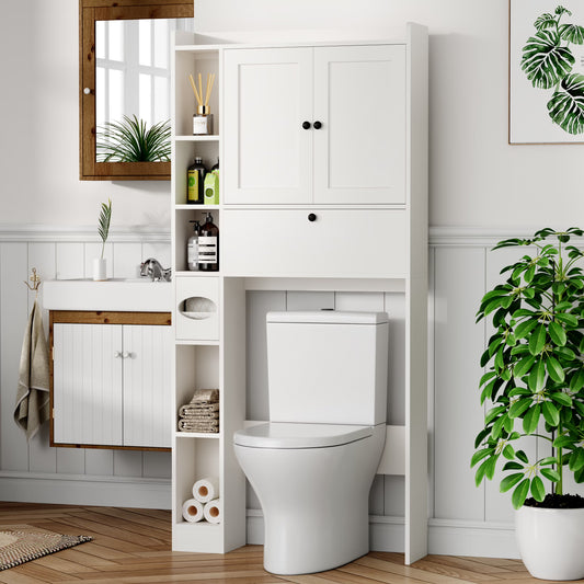 Apeaka Over The Toilet Storage Cabinet,Bathroom Storage Cabinet with Wooden Doors,Bathroom Organizer Over-The-Toilet Cabinet(White)