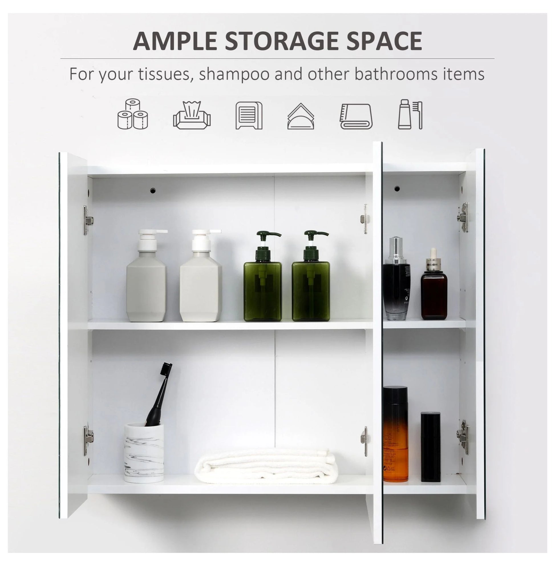Wall Mounted Mirror Cabinet, Bathroom Medicine Cabinet with Mirror, 3 Doors and Adjustable Shelves, White