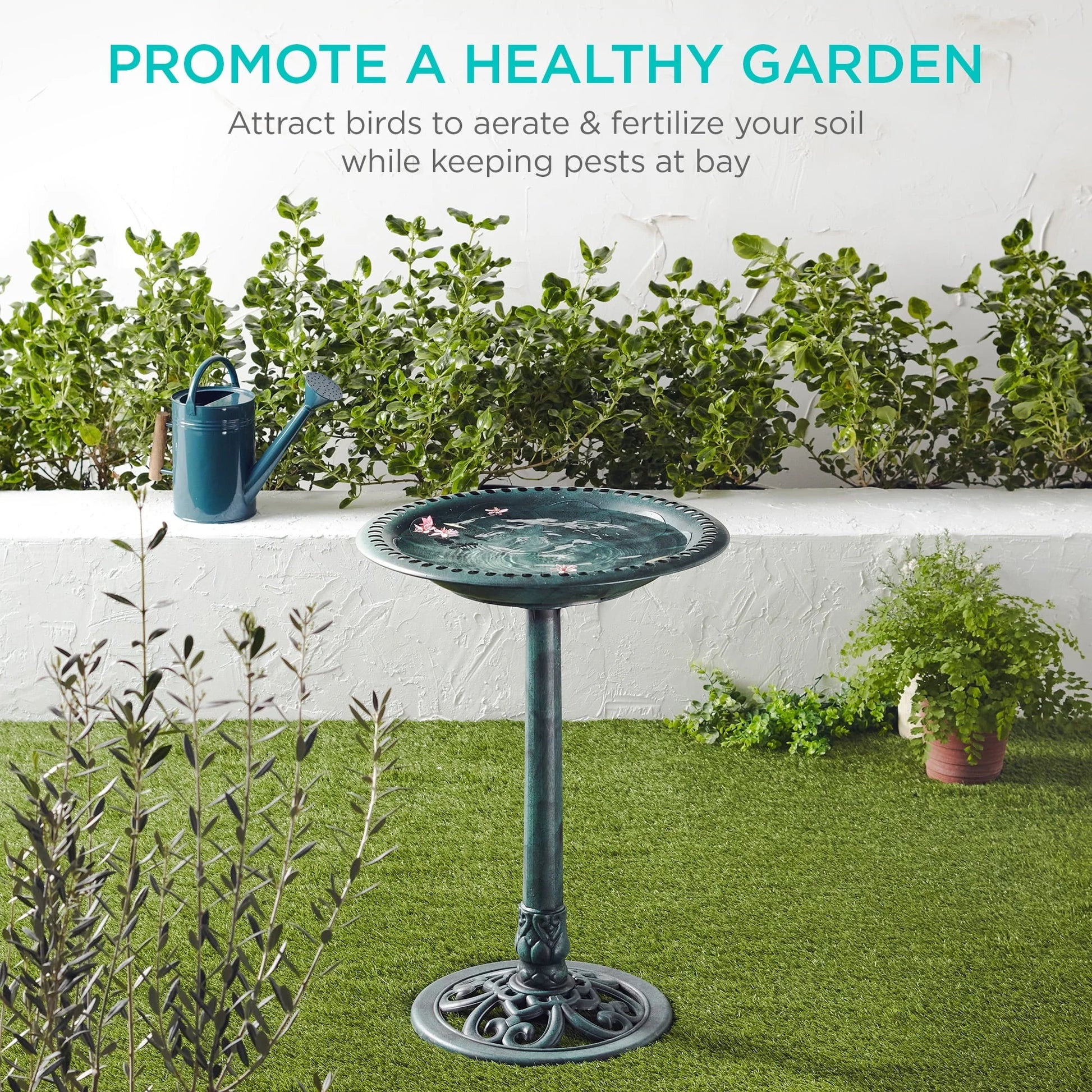 Best Choice Products Outdoor Rustic Pedestal Bird Bath Accent for Garden, Yard w/ Fleur-de-Lis Accents Green