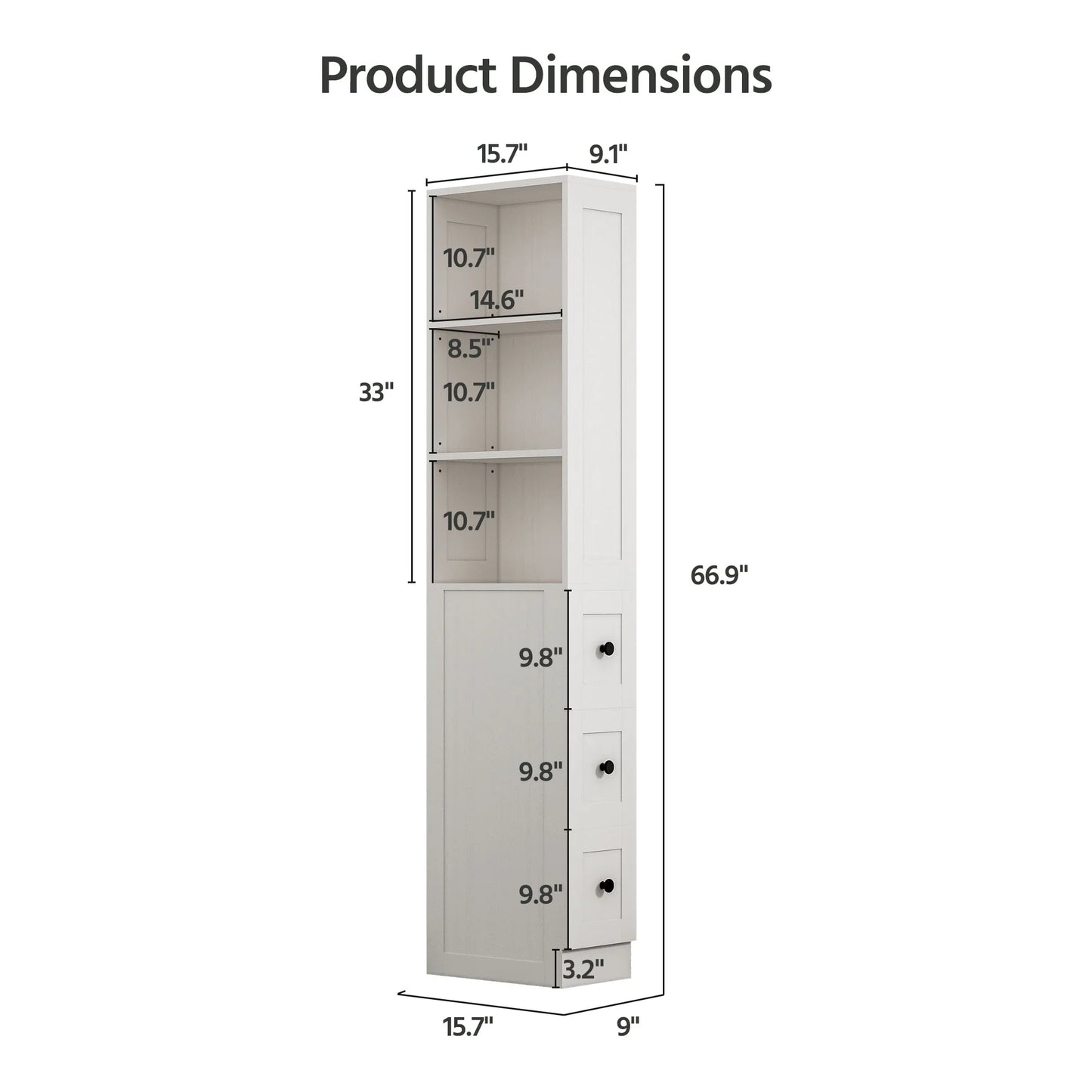 LAUSAINT HOME Bathroom Storage Cabinet, Tall Thin White Storage with 2 Adjustable Shelves & 3-level Drawers for Home, Kitchen
