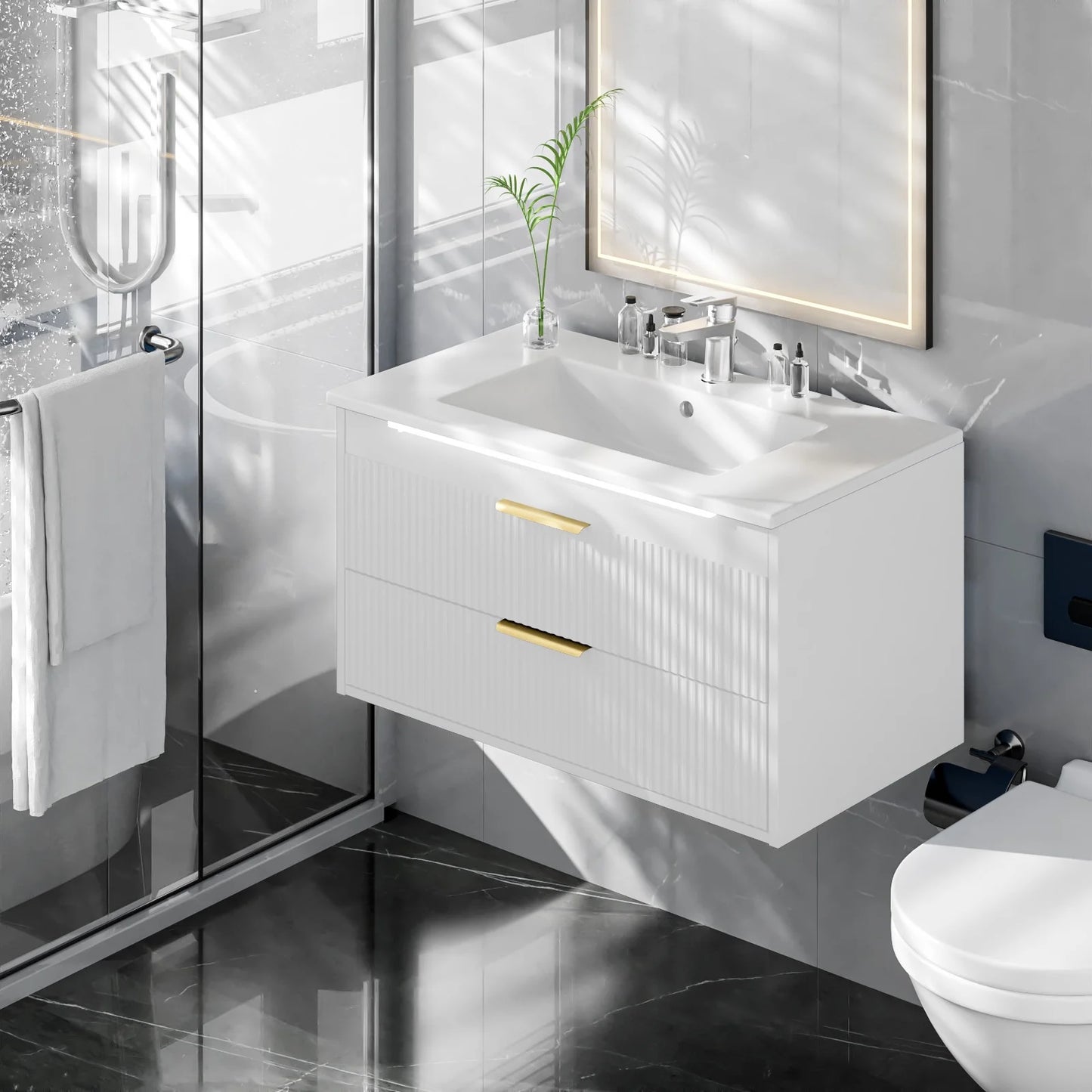 Advwin 30" Wall Mounted Bathroom Vanity with Ceramic Sink, Modern Floating Bathroom Storage Cabinet with Sensor Light & 2 Extra Large Drawers, White