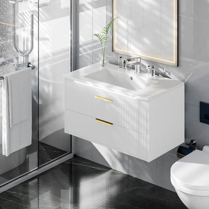 Advwin 30" Wall Mounted Bathroom Vanity with Ceramic Sink, Modern Floating Bathroom Storage Cabinet with Sensor Light & 2 Extra Large Drawers, White