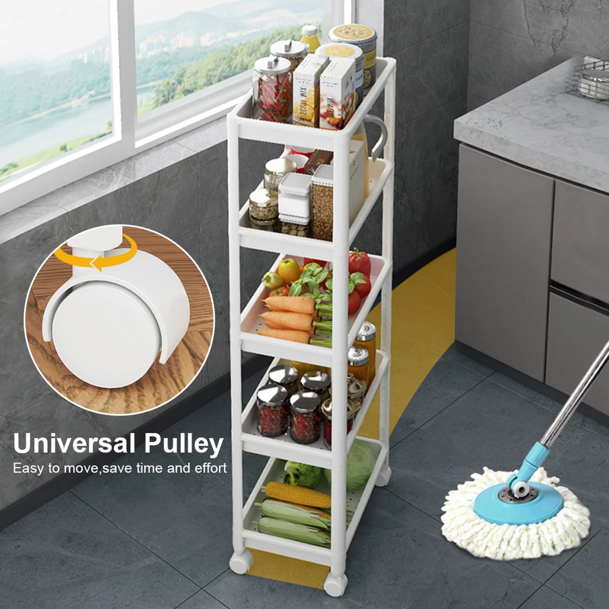 Untyo 5-Tier Slim Bathroom Storage Cart with Rolling Wheels,Kitchen Rolling Utility Cart for Narrow Space, White
