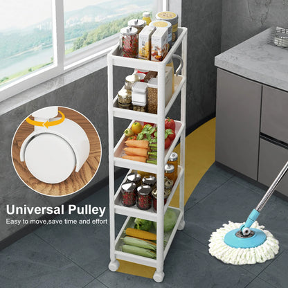 Untyo 5-Tier Slim Bathroom Storage Cart with Rolling Wheels,Kitchen Rolling Utility Cart for Narrow Space, White