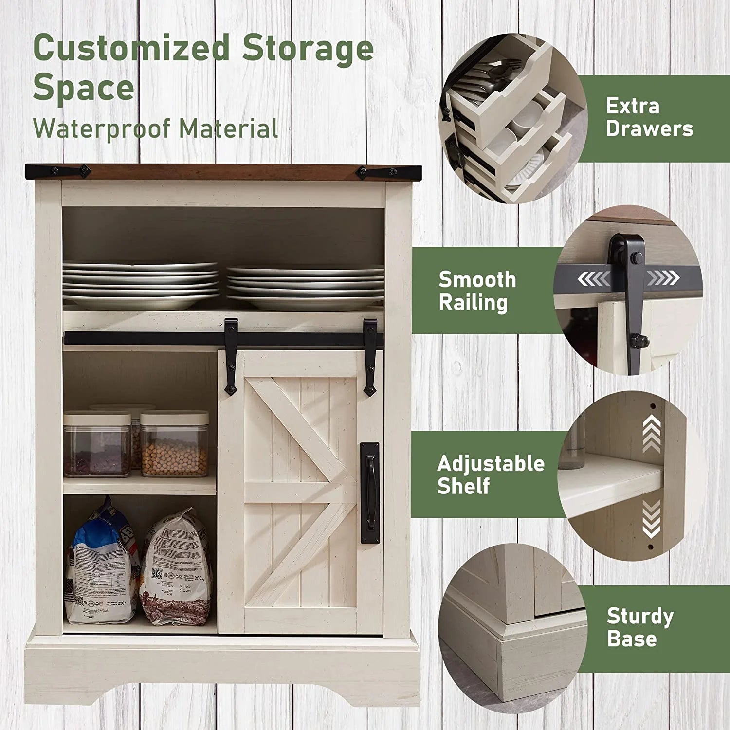OKD Farmhouse Bathroom Storage Cabinet with 3 Drawers and Adjustable Shelves Wooden Rustic Accent Entryway Cupboard, Antique White