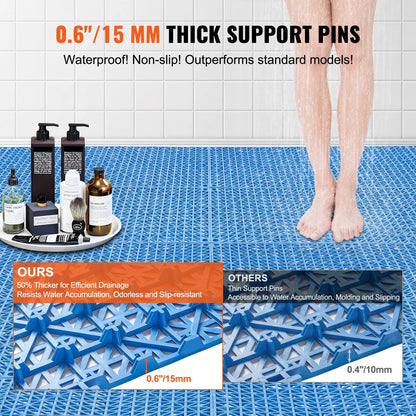KFFKFF 55 PCS Interlocking Drainage Floor Mat 12" x 12" x 0.6" Modular Interlocking Cushion PVC Non-Slip Drainage Tiles Mats for Pool, Bathroom, Shower, Deck, Patio (Blue)