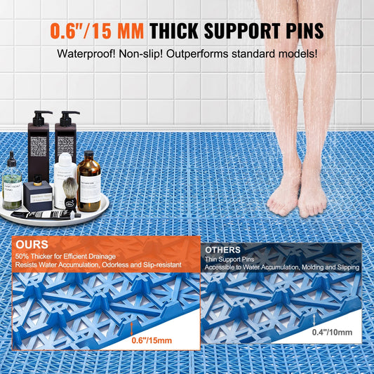 KFFKFF 55 PCS Interlocking Drainage Floor Mat 12" x 12" x 0.6" Modular Interlocking Cushion PVC Non-Slip Drainage Tiles Mats for Pool, Bathroom, Shower, Deck, Patio (Blue)