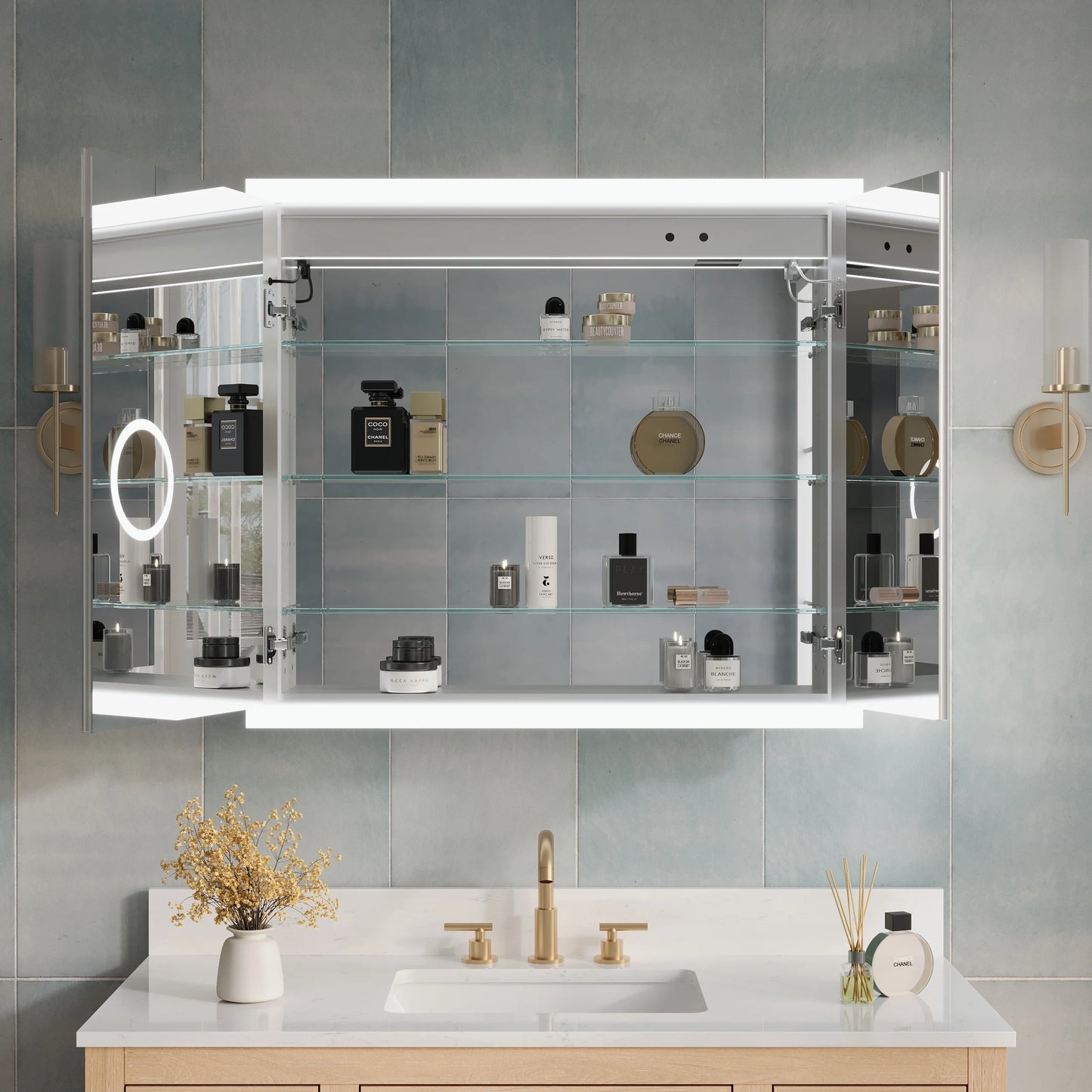 ANGELES HOME 36" x 32" LED Lighted Bathroom Medicine Cabinet with Mirror, 3X Magnification Makeup Mirror, Vanity Mirror Cabinet w/ Defogger, Dimmable, Memory Function, Outlets & USB