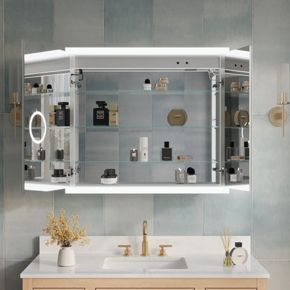 ANGELES HOME 36" x 32" LED Lighted Bathroom Medicine Cabinet with Mirror, 3X Magnification Makeup Mirror, Vanity Mirror Cabinet w/ Defogger, Dimmable, Memory Function, Outlets & USB