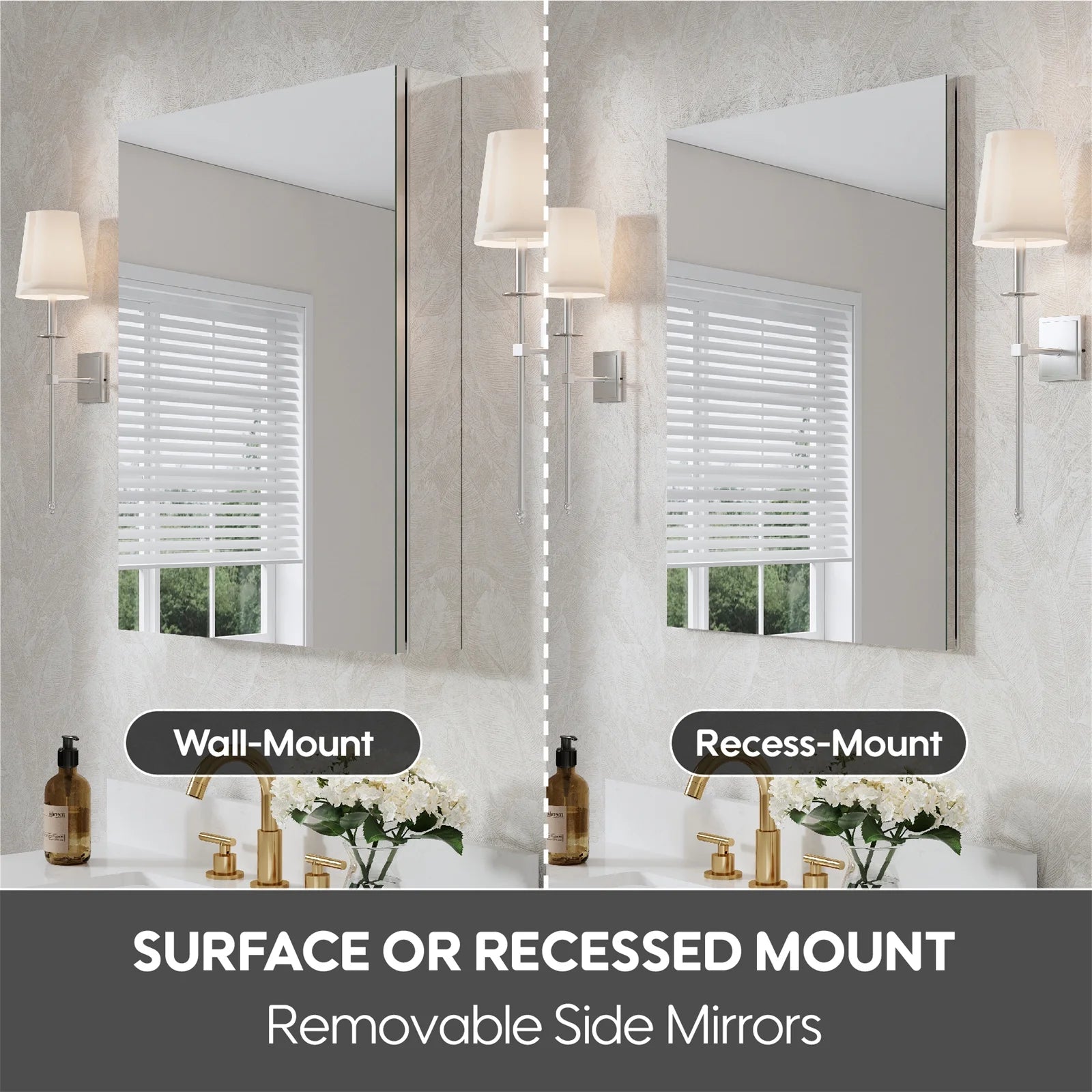 24" x 30" Bi-View Medicine Cabinet with Mirror, Surface Mount or Recessed Mirror Medicine Cabinet for Bathroom, Anodized Chrome Aluminum Frame, Bathroom Mirror Cabinet with Storage Right Open