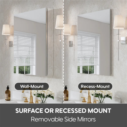 24" x 30" Bi-View Medicine Cabinet with Mirror, Surface Mount or Recessed Mirror Medicine Cabinet for Bathroom, Anodized Chrome Aluminum Frame, Bathroom Mirror Cabinet with Storage Right Open