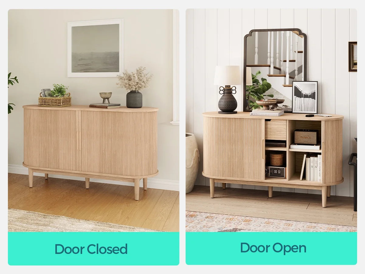 LINSY HOME Fluted Pantry Storage Cabinet, Kitchen Cabinets with Sliding Tambour Door, Wide Storage Cabinet with Removable & Adjustable Shelves for Dining Room, Living Room, Bathroom, Oak
