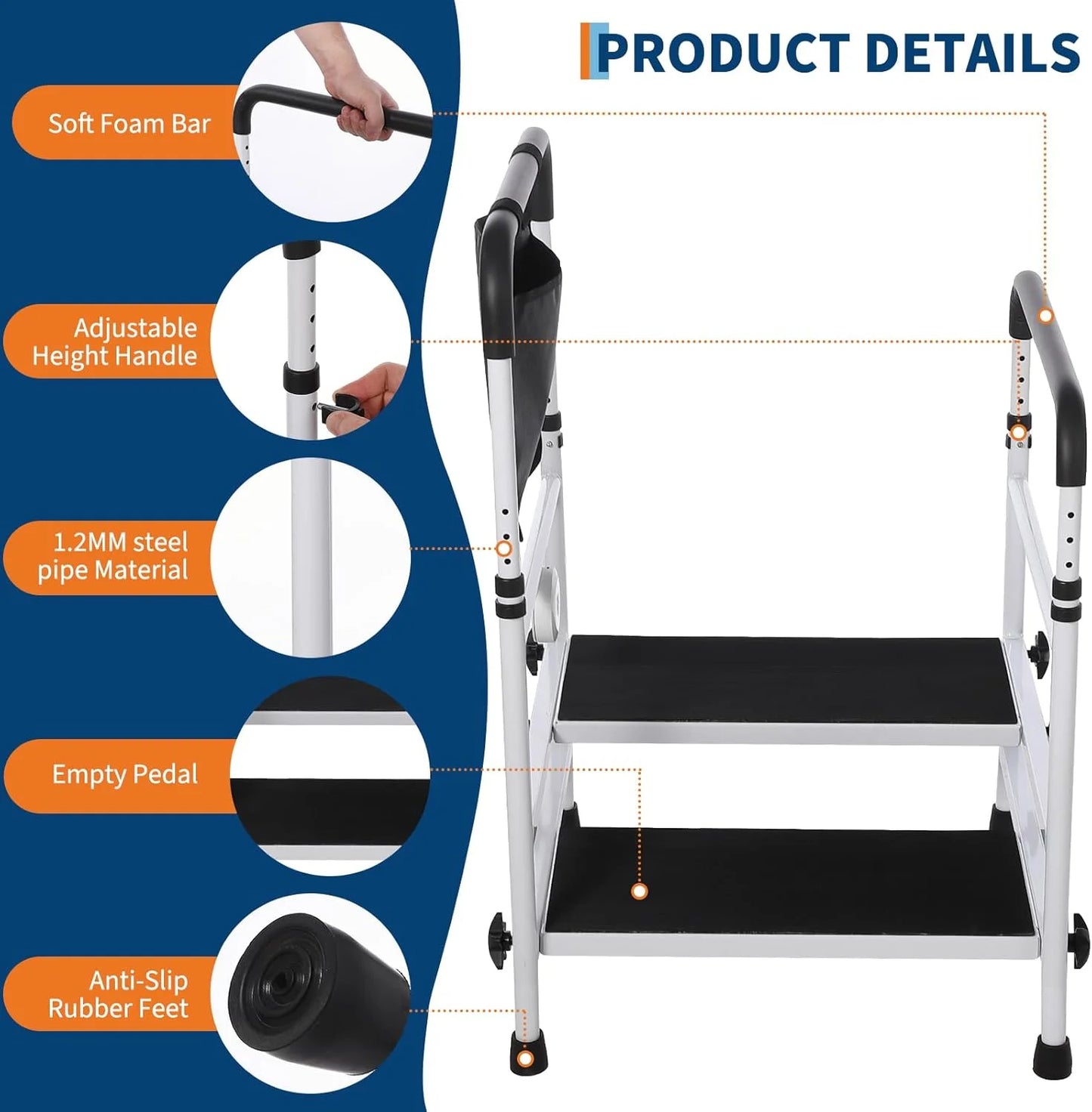 Bed Step Stool for High Bed for Elderly, Bed Rails for Elderly with Adjustable Height Bed Step Stool, Bed Safety Rail Up to 440 Lbs with Handicap Grab Bars for Fall Prevention for Bedside, Bathtub