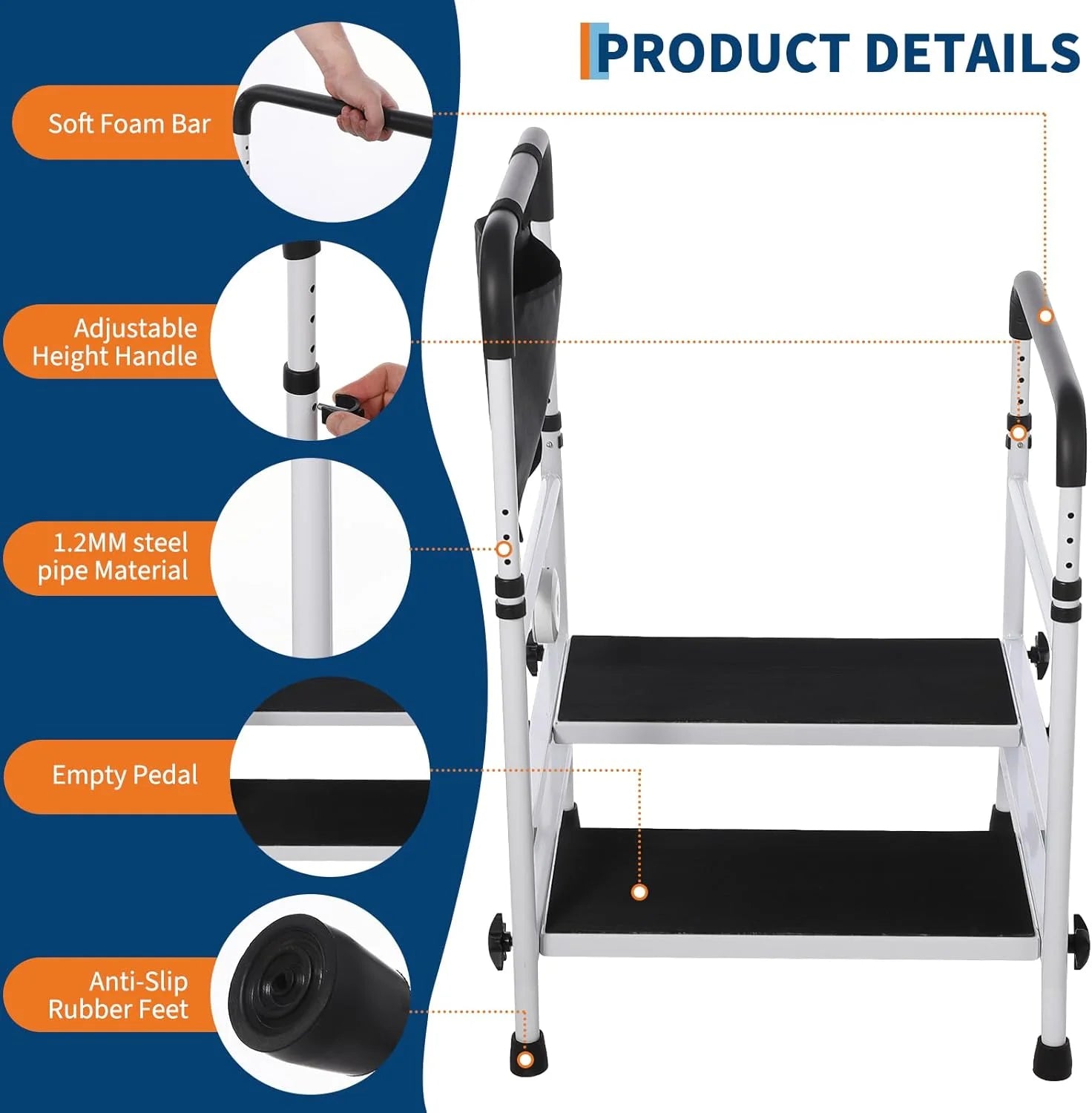 Bed Step Stool for High Bed for Elderly, Bed Rails for Elderly with Adjustable Height Bed Step Stool, Bed Safety Rail Up to 440 Lbs with Handicap Grab Bars for Fall Prevention for Bedside, Bathtub