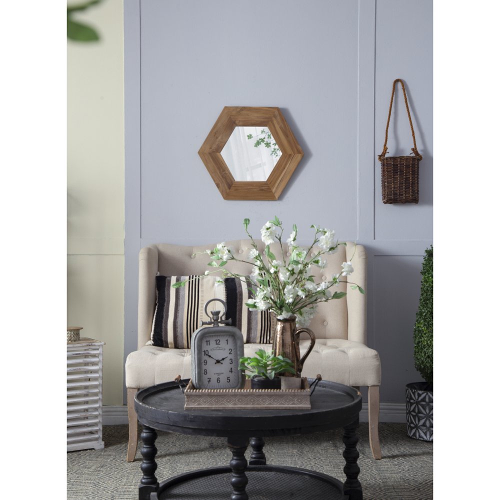 Tcbosik Decorative 18.5" Hexagon Hanging Wall Mirror with Natural Wood Frame and Attached Hanging Bracket, Rustic Farmhouse Decor for the Living Room, Bathroom, Bedroom, and Entryway