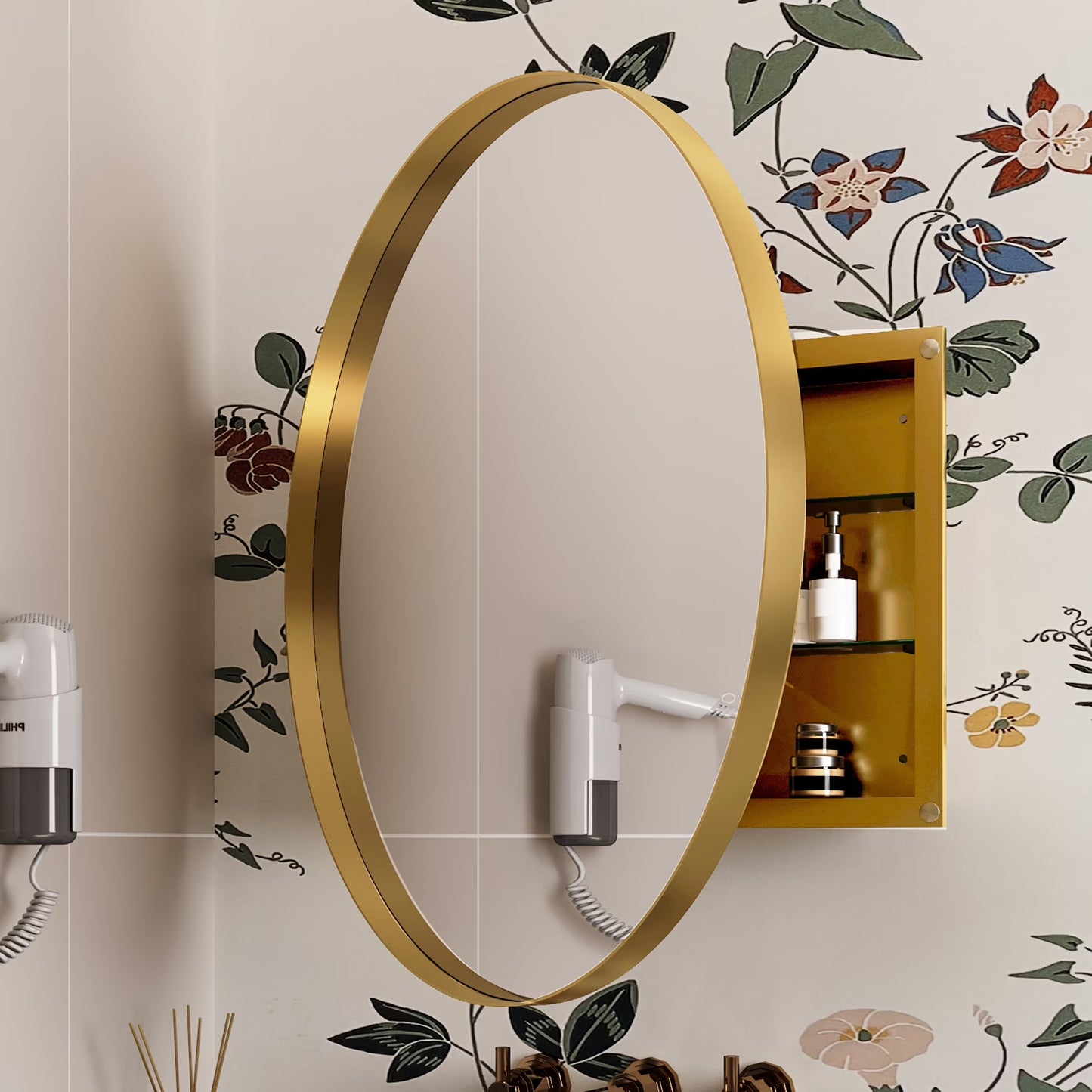 31.5 Inch Surface Mount Round Metal Framed Medicine Cabinet with Mirror and Adjustable Shelves Black Wall Mirror with Storage for Bathroom, Matte Gold
