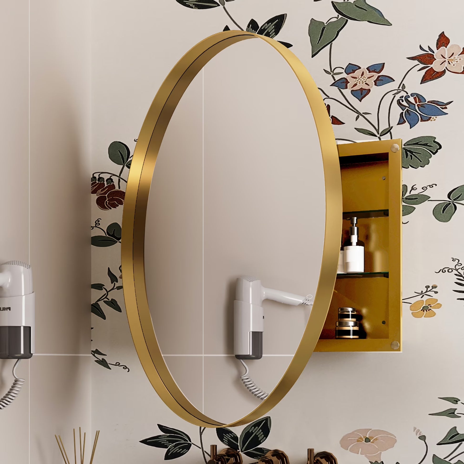 31.5 Inch Surface Mount Round Metal Framed Medicine Cabinet with Mirror and Adjustable Shelves Black Wall Mirror with Storage for Bathroom, Matte Gold