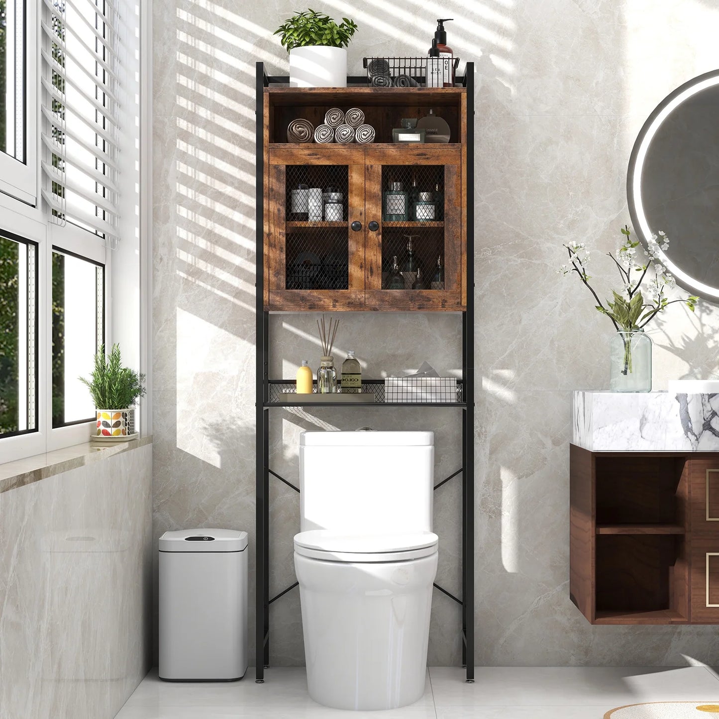Topbuy Over The Toilet Storage Cabinet 5-Tier Bathroom Toilet Organizer w/2 Metal Mesh Doors & 3-Position Adjustable Shelf