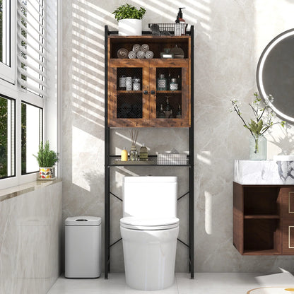 Topbuy Over The Toilet Storage Cabinet 5-Tier Bathroom Toilet Organizer w/2 Metal Mesh Doors & 3-Position Adjustable Shelf