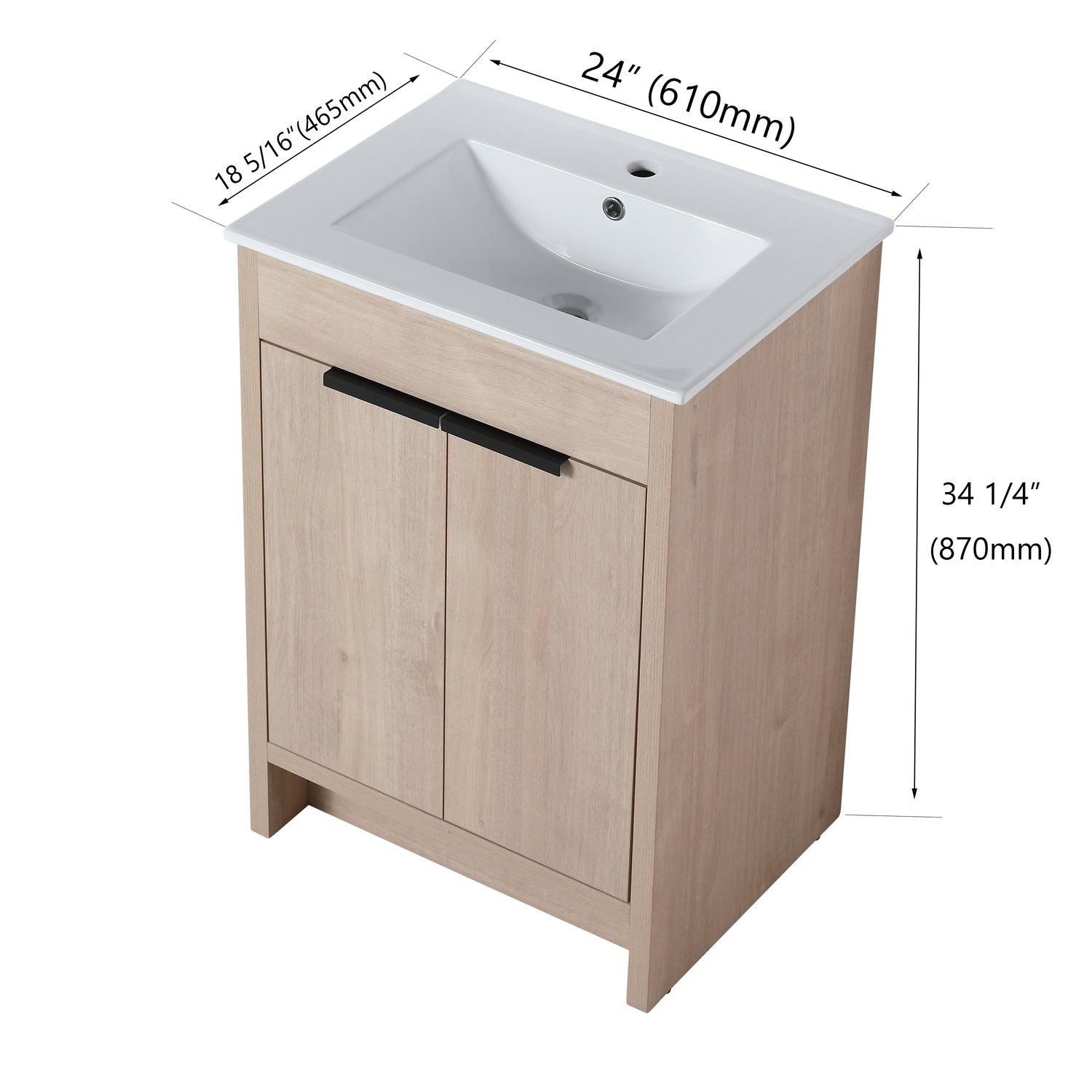 Holaki 24" Freestanding Bathroom Vanity with White Ceramic Sink & 2 Soft-Close Cabinet Doors, Plain Light Oak