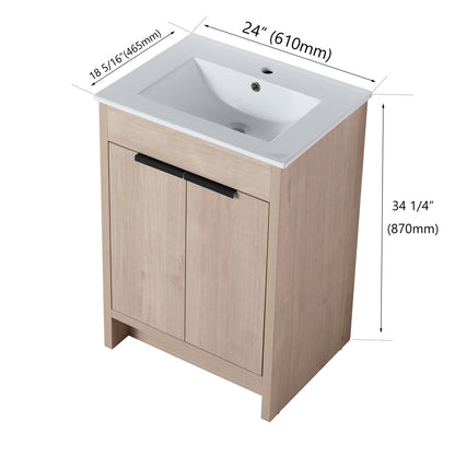 Holaki 24" Freestanding Bathroom Vanity with White Ceramic Sink & 2 Soft-Close Cabinet Doors, Plain Light Oak
