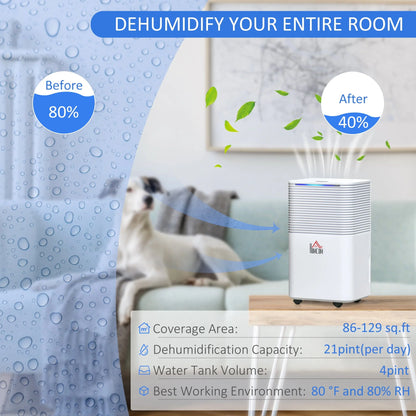 HOMCOM 1260 Sq. Ft Portable Electric Dehumidifiers with 3 Color Lights, LED Display, Quiet Dehumidifier for Basements, Bedroom, Bathroom, Closet, RV, 21pt/Day, White