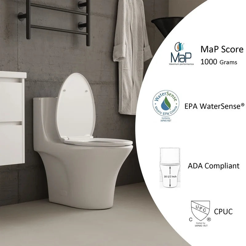 Albriya A1878 Modern One Piece Toilet, Standard Bathroom Toilet Power Dual Flush 1.1/1.6 GPF with Comfortable Seat ADA Height 16 1/2’�? 12’�?Rough-In, MaP 1000g, Glossy White
