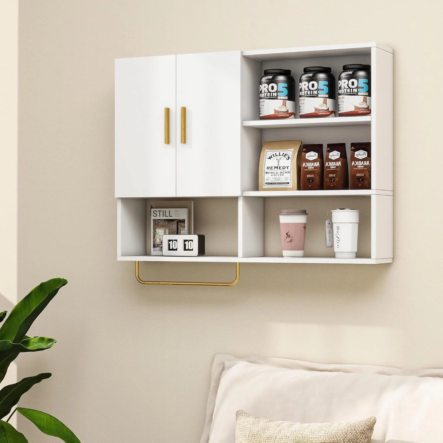 Bathroom Wall Cabinet Solid Wood Large Wall Mounted Medicine Cabinet with 2 Doors and 4 Open Shelves Over Toilet Storage Cabinet with Towel Bar (White)