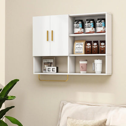 Bathroom Wall Cabinet Solid Wood Large Wall Mounted Medicine Cabinet with 2 Doors and 4 Open Shelves Over Toilet Storage Cabinet with Towel Bar (White)