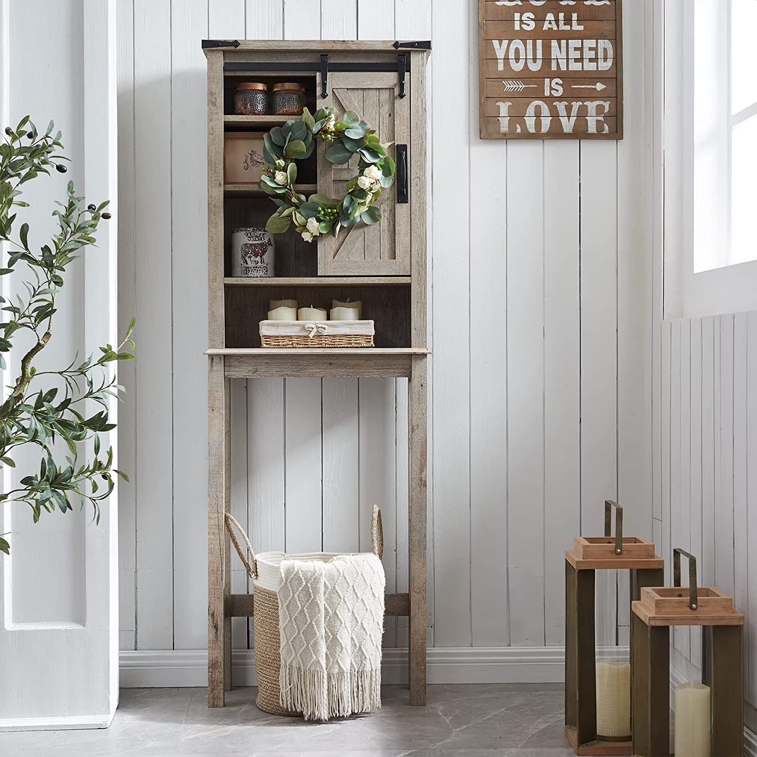 OKD 68In Farmhouse Over The Toilet Storage Cabinet with Sliding Bathroom Organizers and Storage Barn Door & Adjustable Shelves, Dark Rustic Oak
