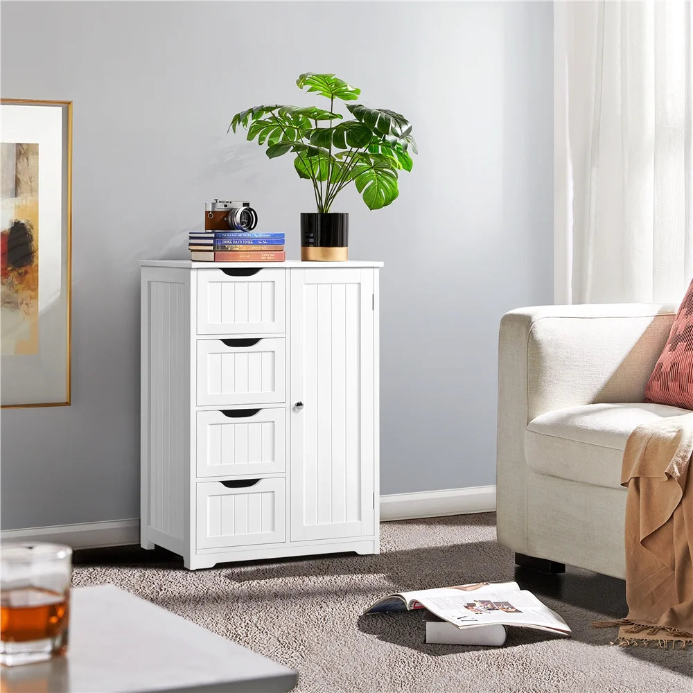 Yaheetech Wooden Free-Standing Bathroom Floor Cabinet with Drawers and Cupboard, White