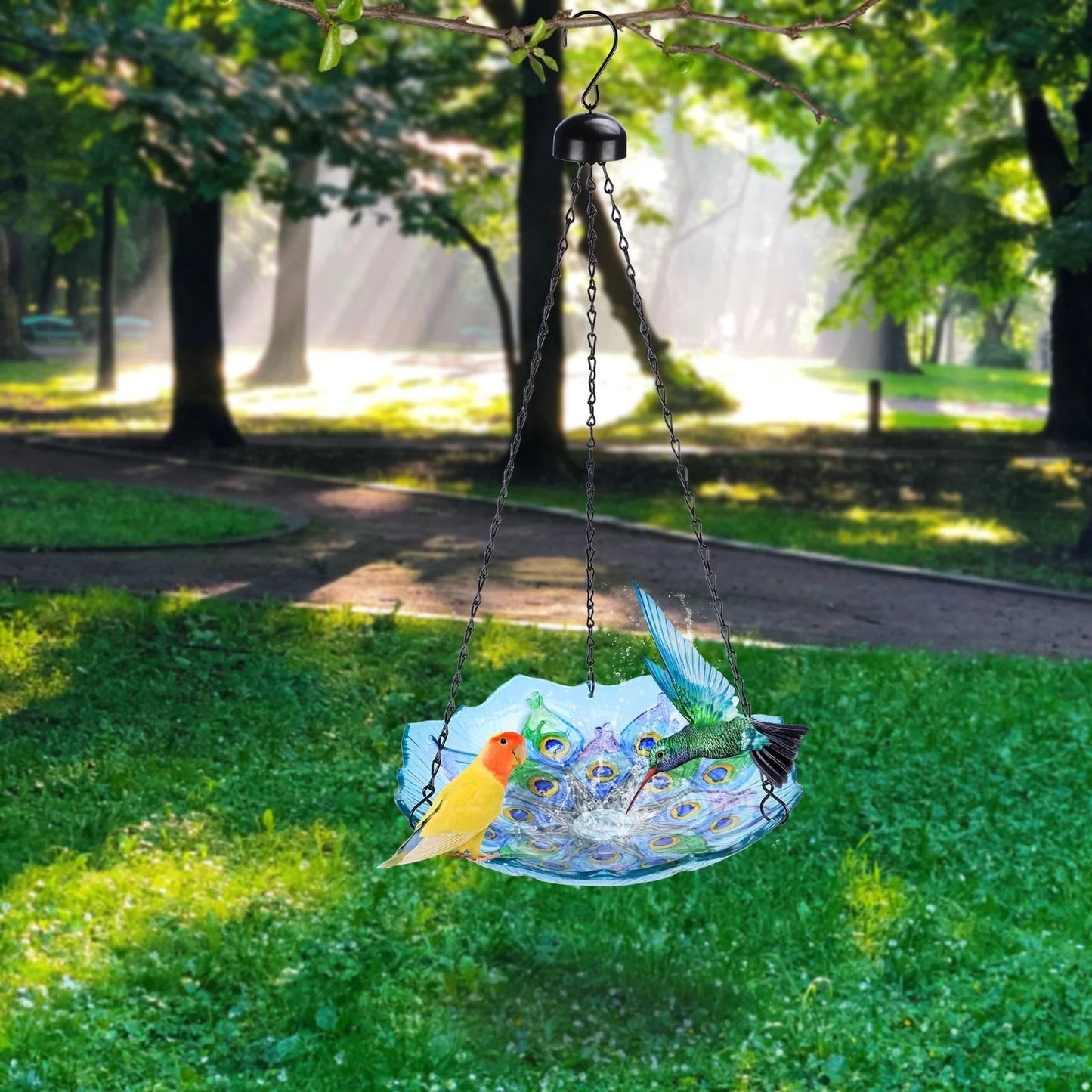Hanging Peacock Bird Bath Glass for Garden,Yard,Patio Decoration