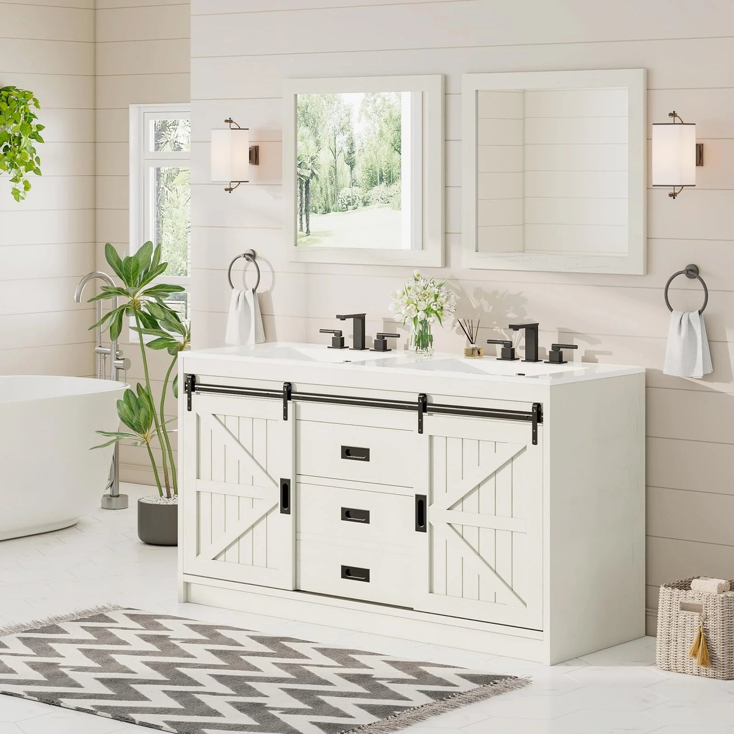 Merluxy 61" Farmhouse Double Bathroom Vanity with Sink Combo, Dual Basin Bathroom Storage Cabinet, Large Double Bath Vanity Sink Set, Rustic White