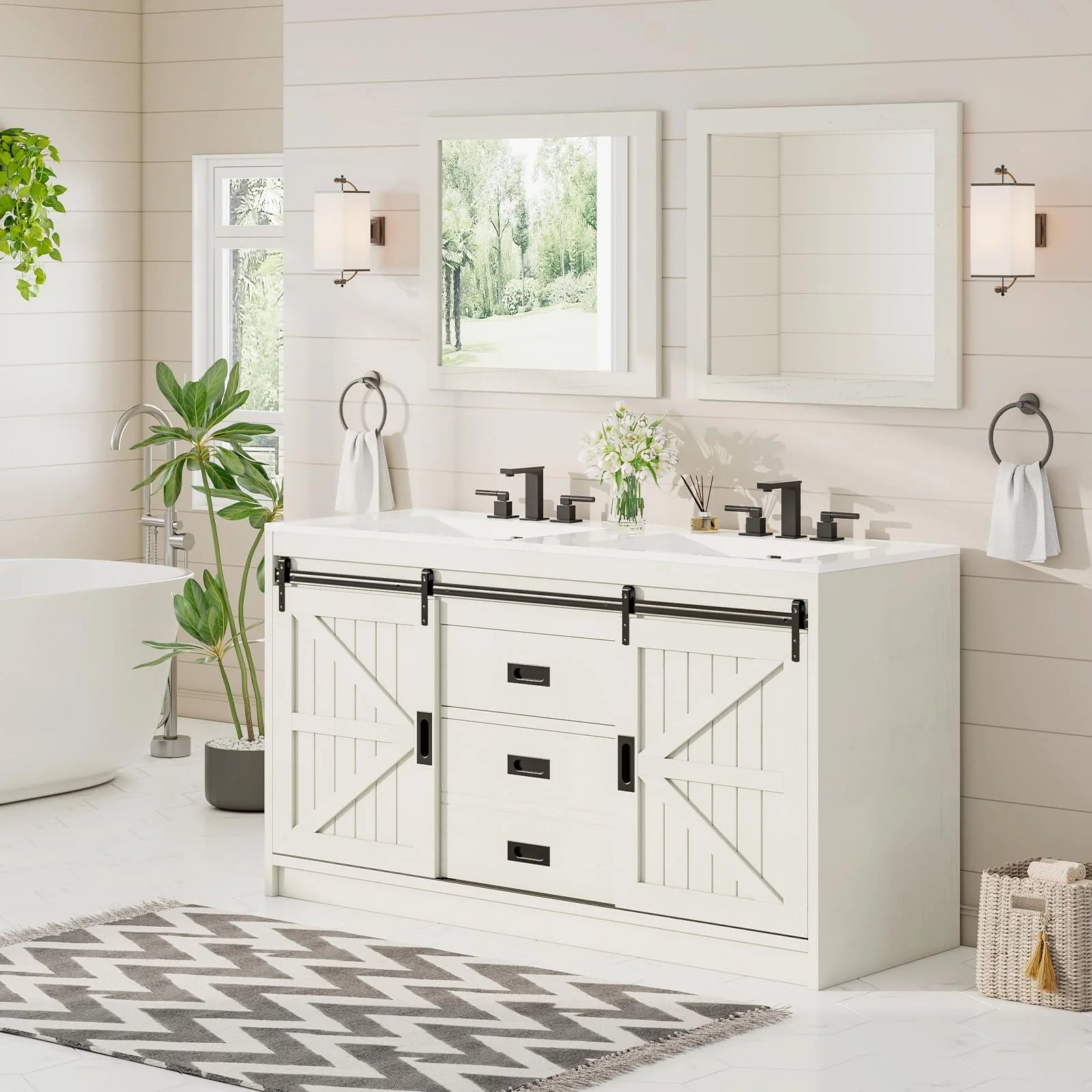Merluxy 61" Farmhouse Double Bathroom Vanity with Sink Combo, Dual Basin Bathroom Storage Cabinet, Large Double Bath Vanity Sink Set, Rustic White
