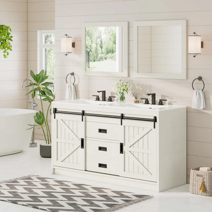 Merluxy 61" Farmhouse Double Bathroom Vanity with Sink Combo, Dual Basin Bathroom Storage Cabinet, Large Double Bath Vanity Sink Set, Rustic White