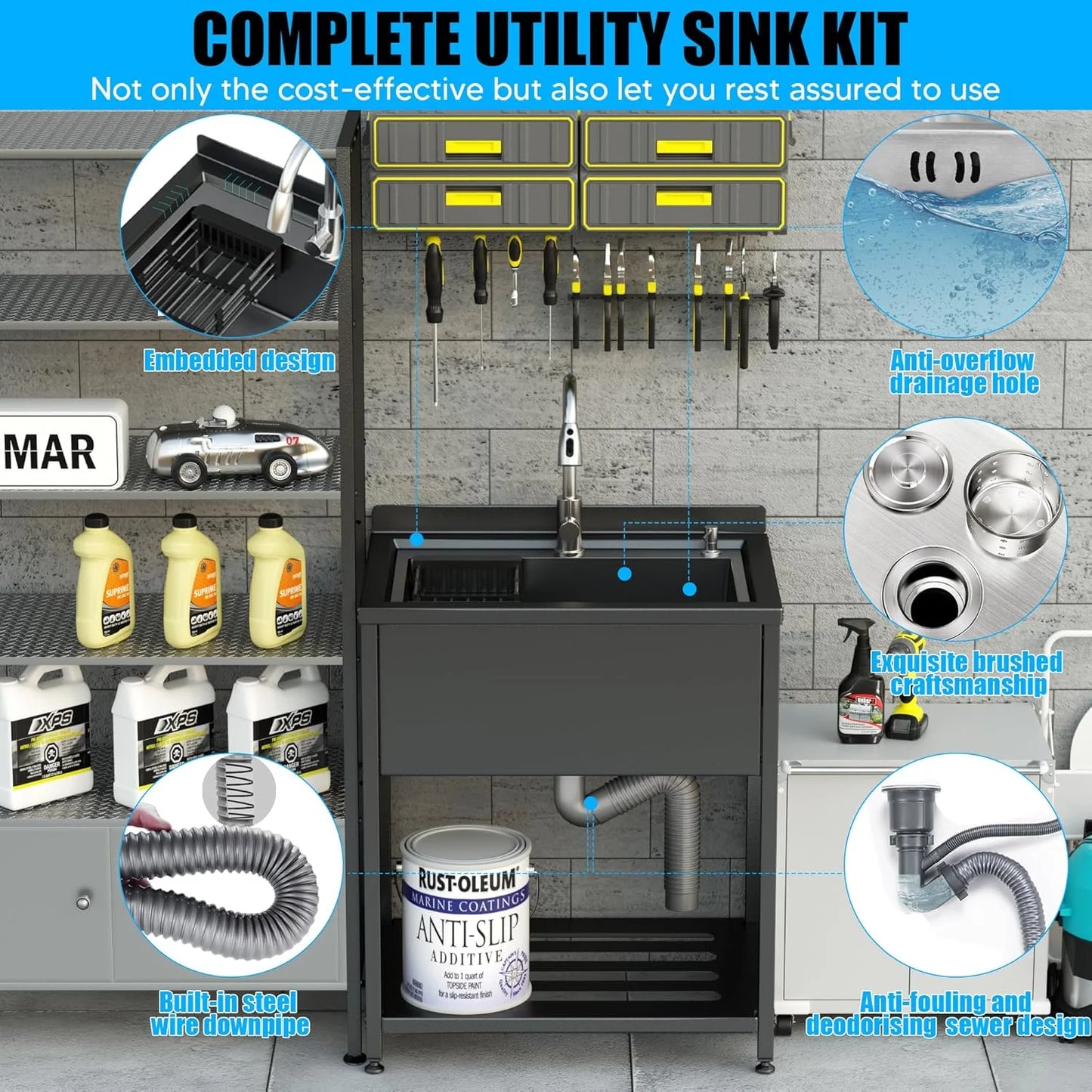 Stainless Steel Utility Sink, 30.8" × 22" × 39.5"Freestanding Sink with Cold and Hot Water Faucet,Hoses and Drain Kit for Kitchens, Bathrooms, Garage, Laundry Room
