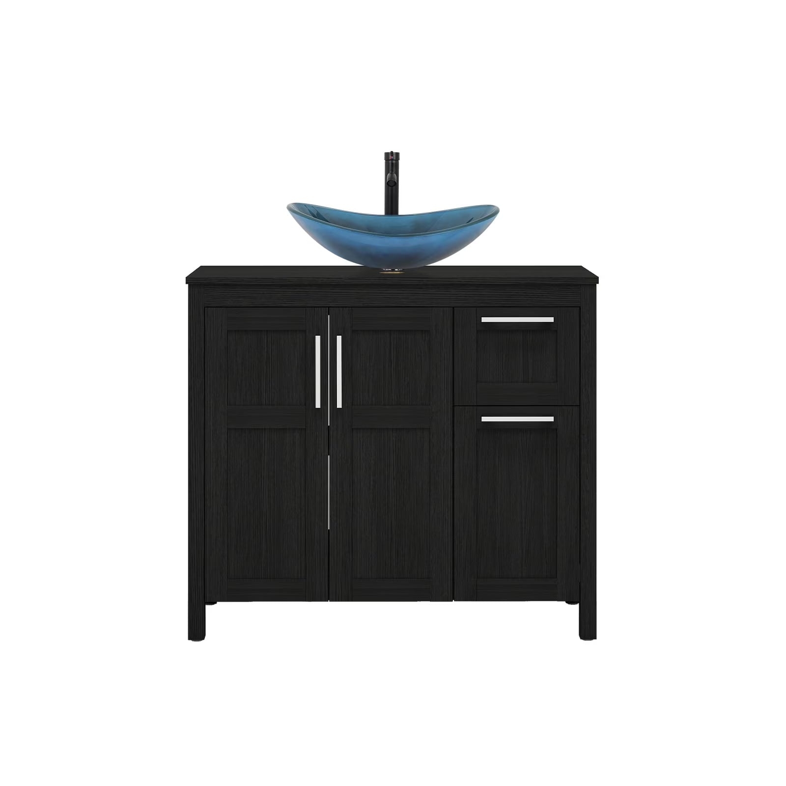 PULUOMIS 36 Inches Bathroom Vanity in Black Finish with Glass Boat-Shaped Vessel Sink, Single Bathroom Vanity with Top, 2-Door Cabinet and 2 Drawers