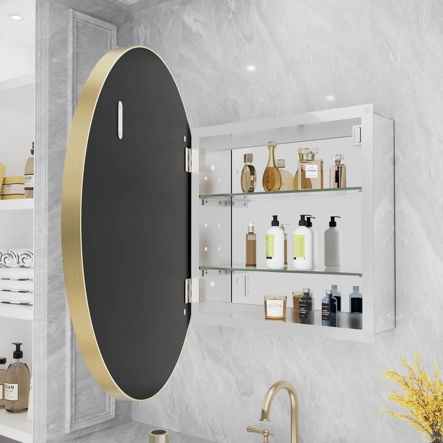 WallBeyond Bathroom Medicine Cabinet with Round Mirror Aluminum Framed 28", Black