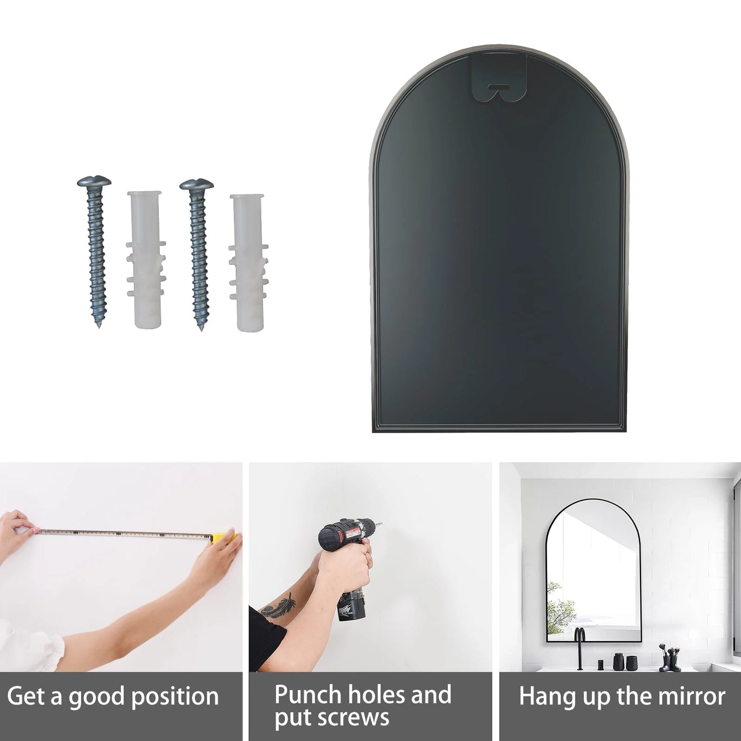 GLSLAND Wall Mounted Mirror, 20" x 30" Arch Bathroom Mirror for Wall, Vanity Mirror for Bedroom, Black