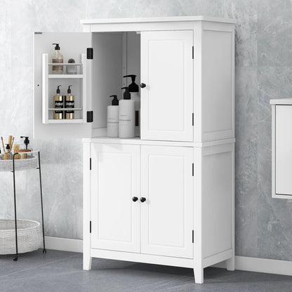 EUROCO Bathroom Floor Storage Cabinet,Bathroom Storage Unit,Freestanding Cabinet with 4 Doors,Adjustable Shelves,Adaptable Shelves,11.8 x 23.6 x 43.3 Inches,White