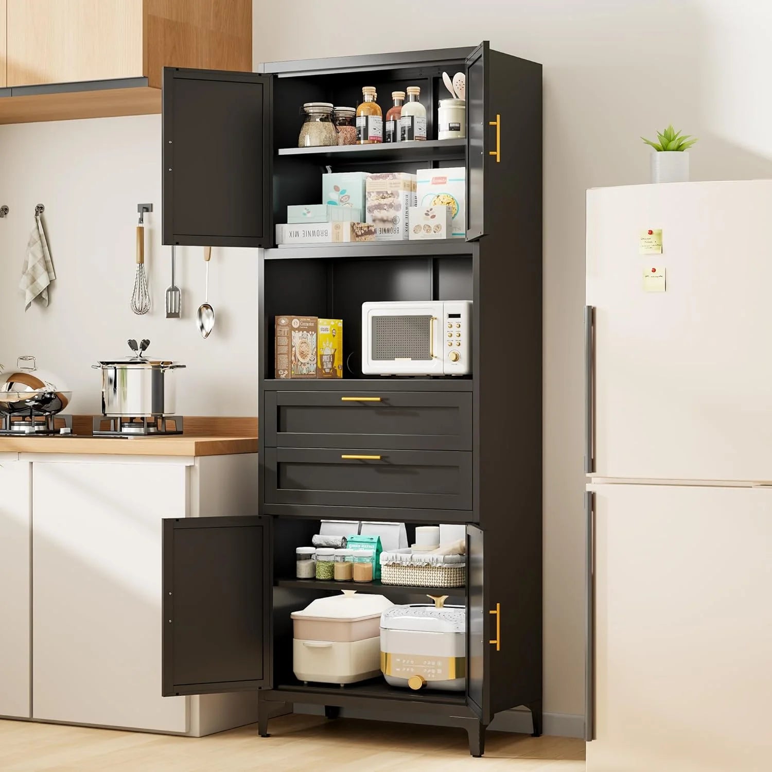 75�� Tall Kitchen Pantry Storage Cabinet, Metal Storage Cabinet with 2 Drawers and Adjustable Shelves, Kitchen Pantry Cupboard, Freestanding Cupboard for Bathroom, Living Room(Black)