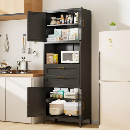 75�� Tall Kitchen Pantry Storage Cabinet, Metal Storage Cabinet with 2 Drawers and Adjustable Shelves, Kitchen Pantry Cupboard, Freestanding Cupboard for Bathroom, Living Room(Black)