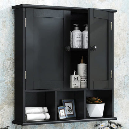 Black Bathroom Cabinet, Wall Mounted 2 Door Storage With Adjustable Shelves, Over The Toilet Medicine Cabinet for Laundry Room Kitchen