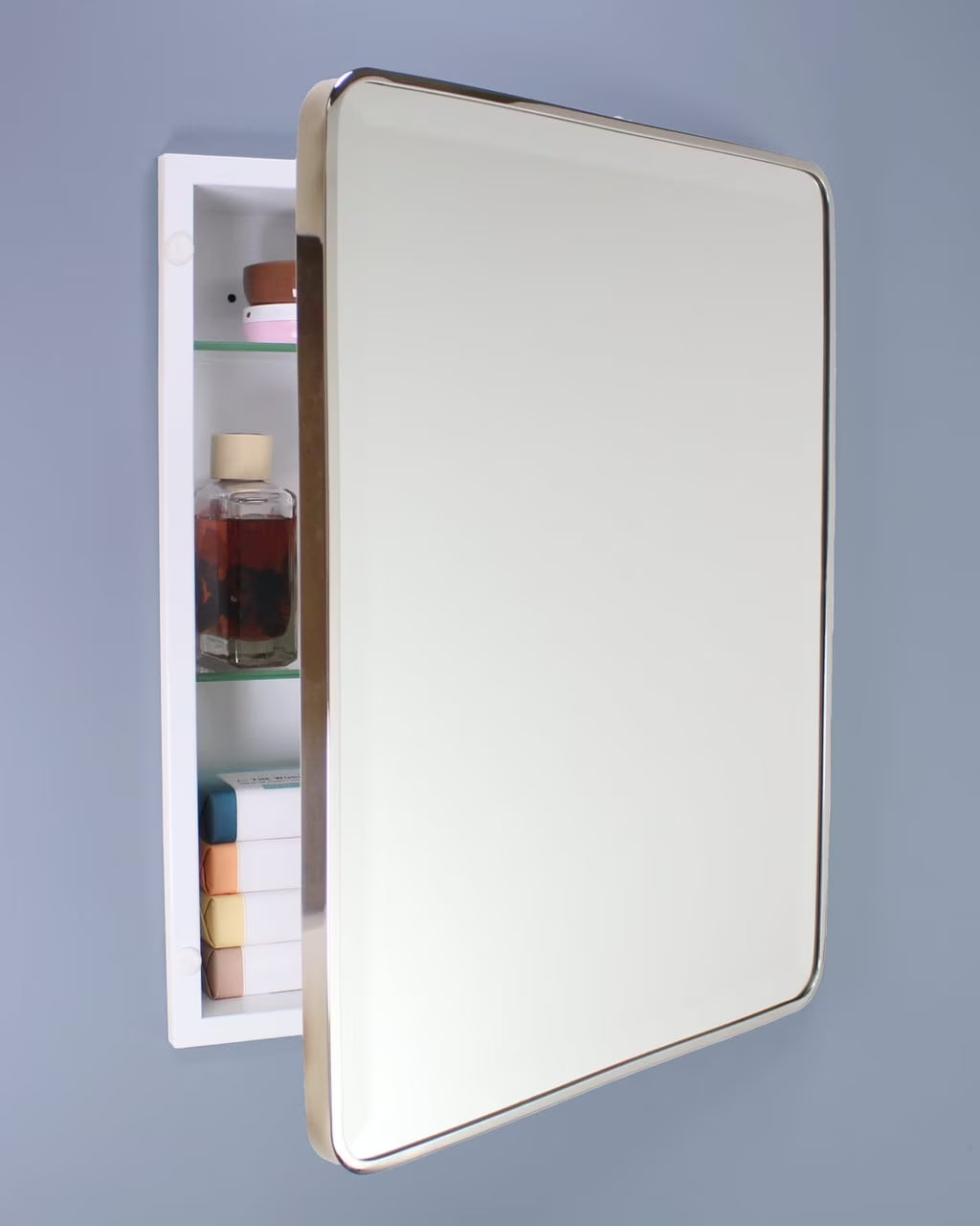 16x20 Austin Farmhouse Metal Framed Rounded Rectangle Recessed Bathroom Medicine Cabinet, Beveled Mirror, 14x18 in-Wall Opening, Powder-coated Steel, Adjustable Glass Shelves, Magnet Close, Black