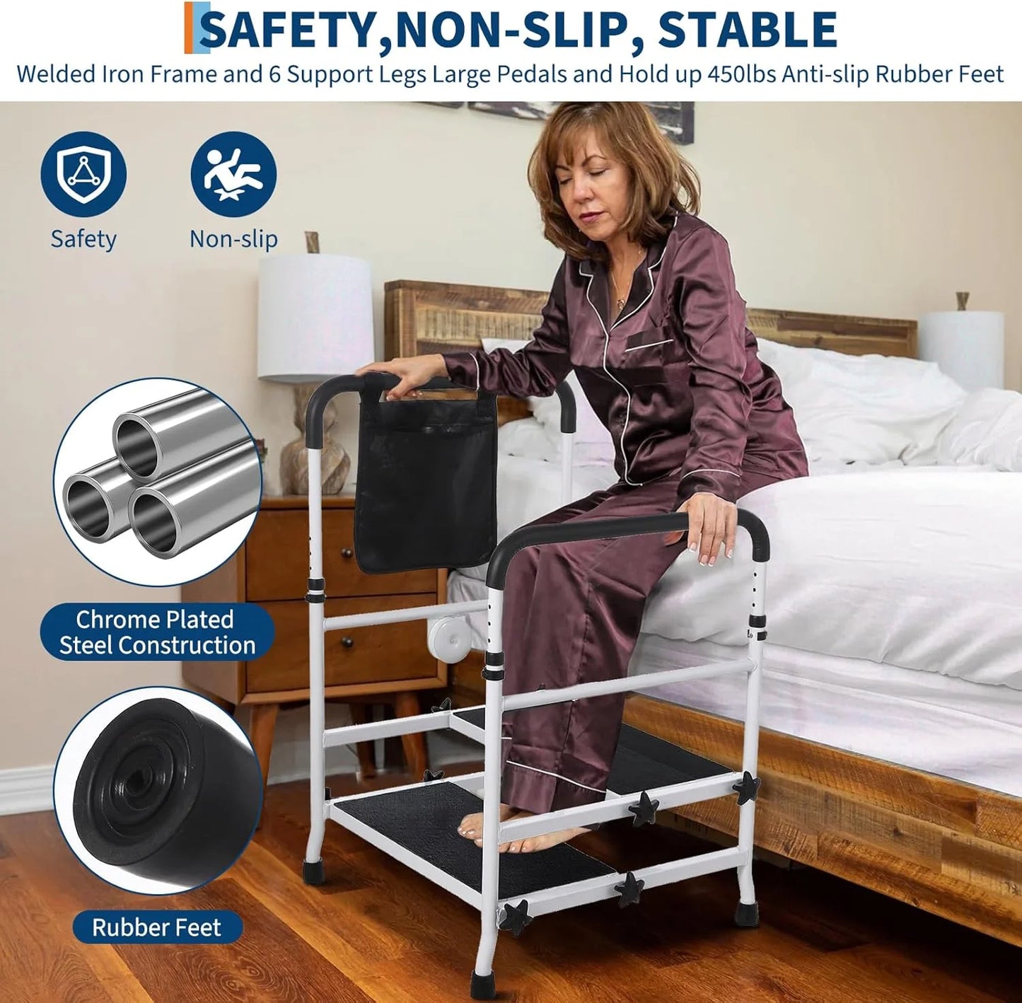 Bed Step Stool for High Bed for Elderly, Bed Rails for Elderly with Adjustable Height Bed Step Stool, Bed Safety Rail Up to 440 Lbs with Handicap Grab Bars for Fall Prevention for Bedside, Bathtub