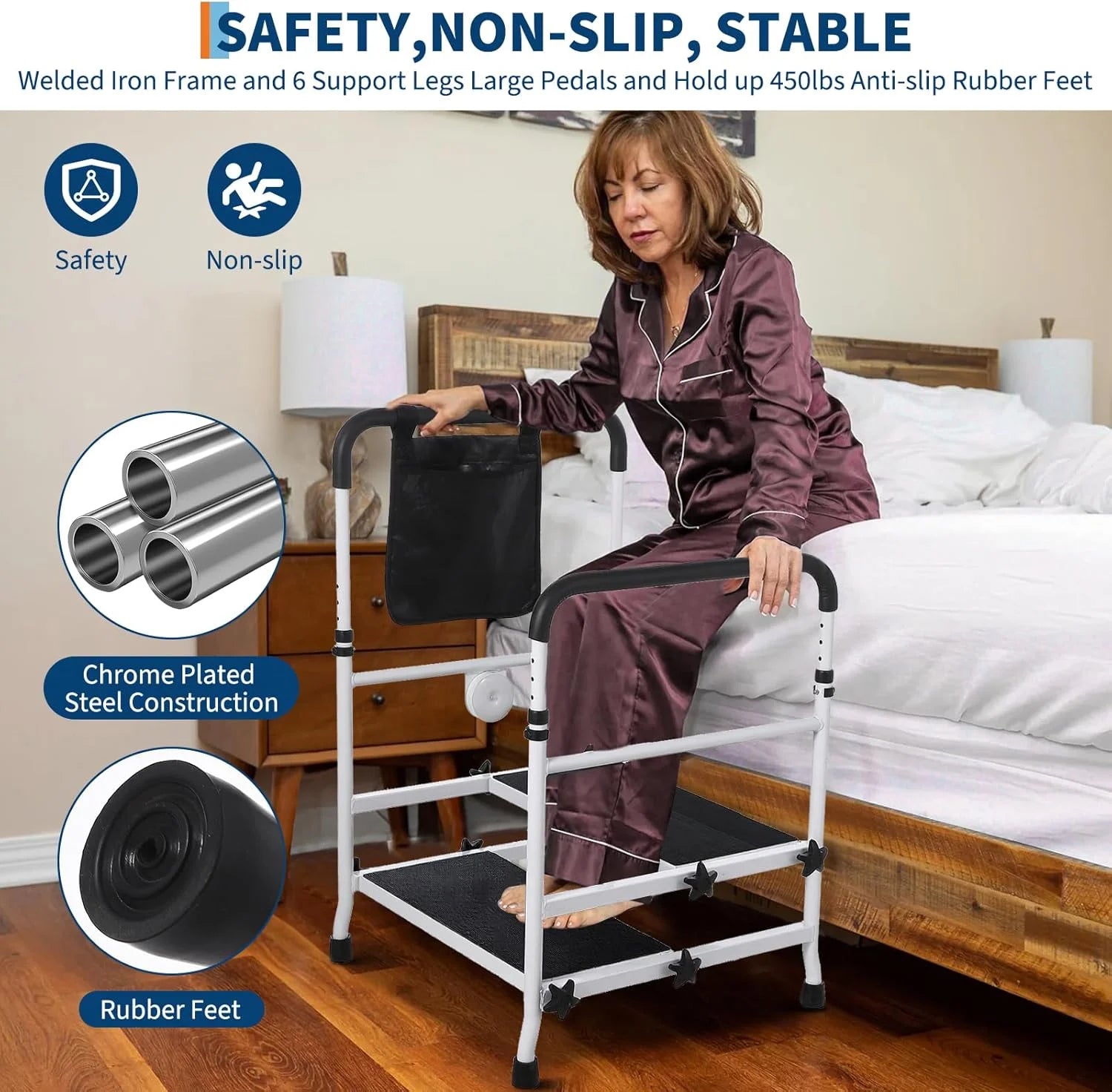 Bed Step Stool for High Bed for Elderly, Bed Rails for Elderly with Adjustable Height Bed Step Stool, Bed Safety Rail Up to 440 Lbs with Handicap Grab Bars for Fall Prevention for Bedside, Bathtub